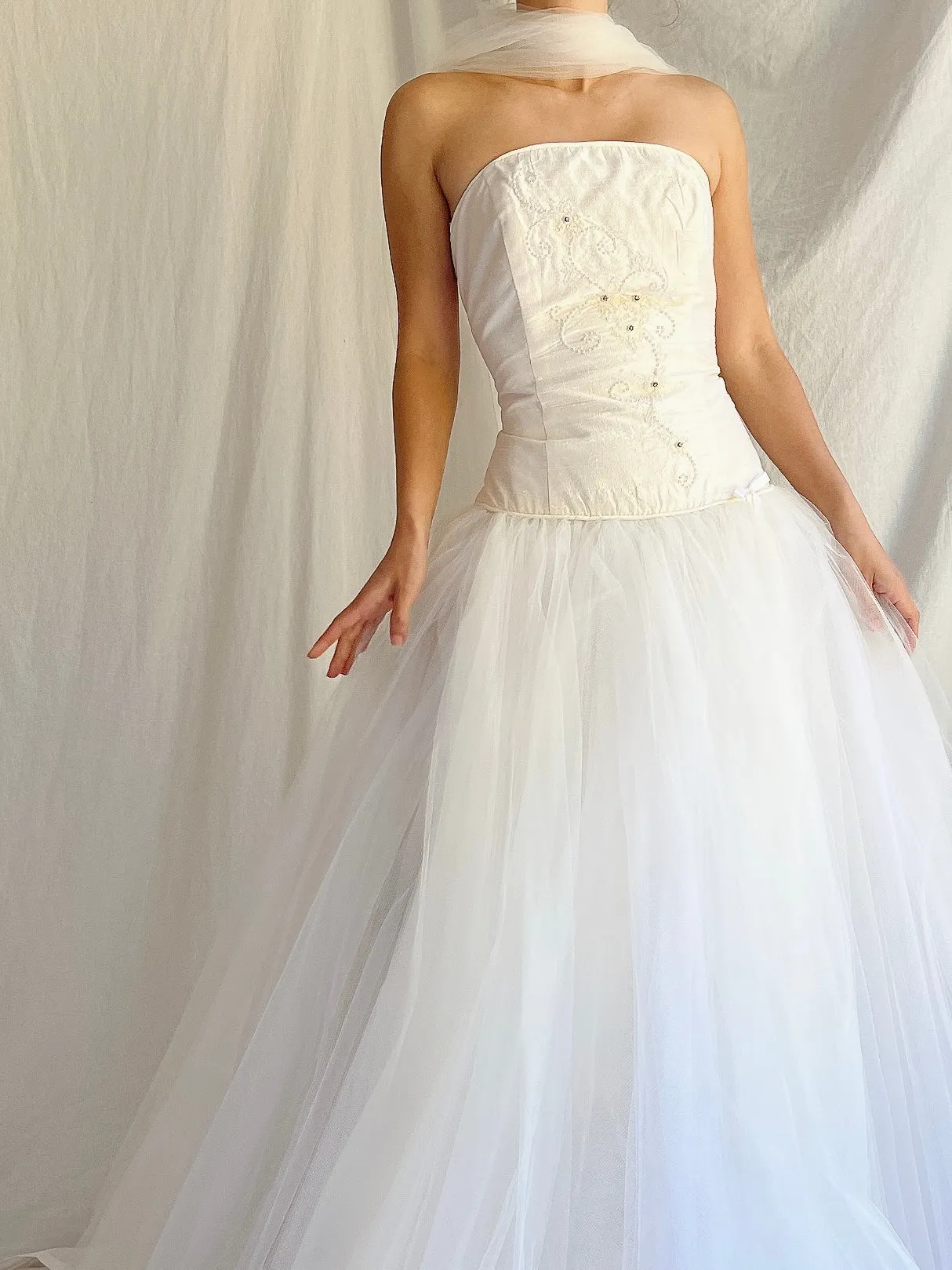 Vintage Silk Dropped Waist Tulle Gown - S