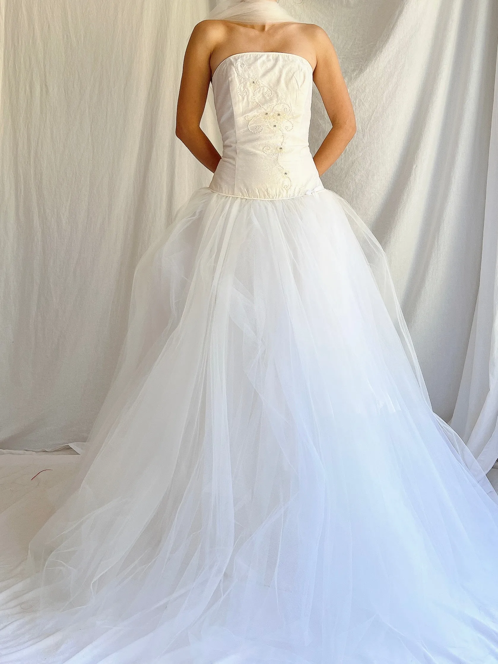 Vintage Silk Dropped Waist Tulle Gown - S