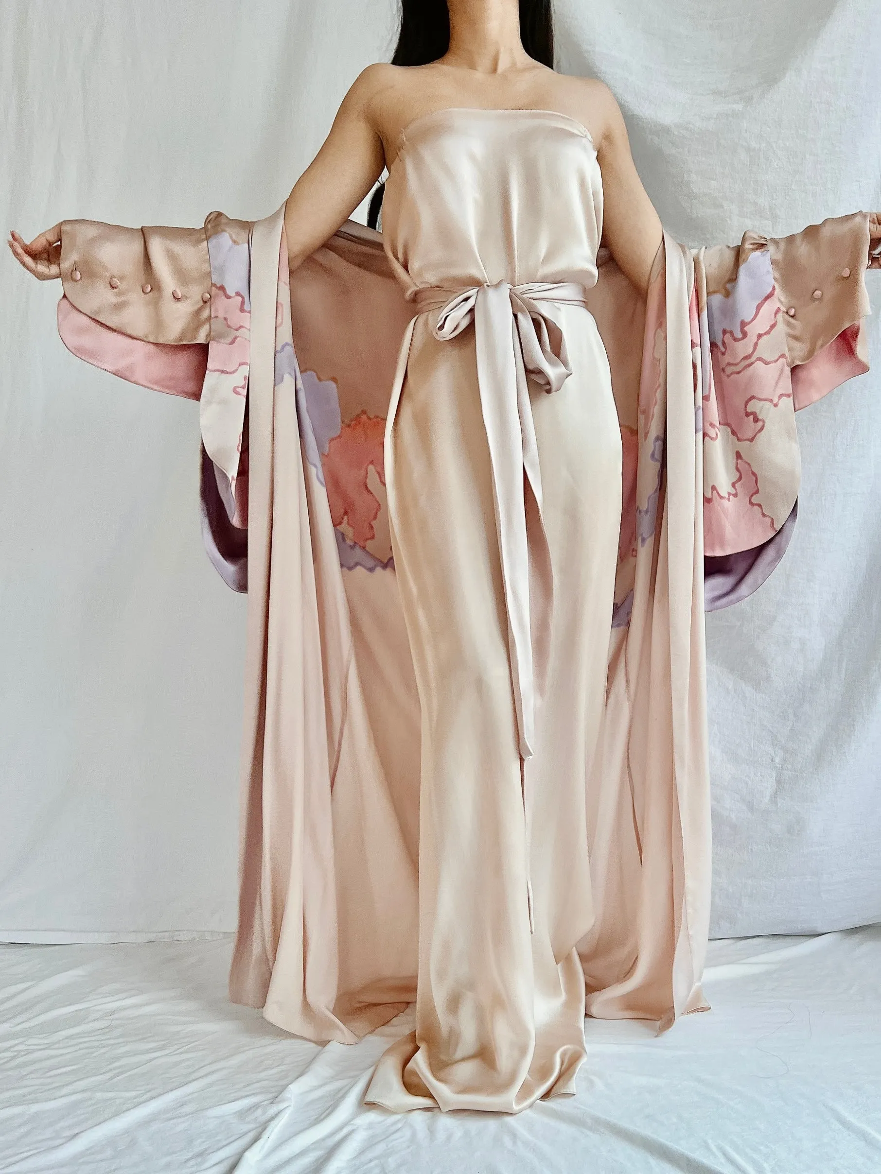 Vintage Silk Painted 2 Piece Gown Set - M/L
