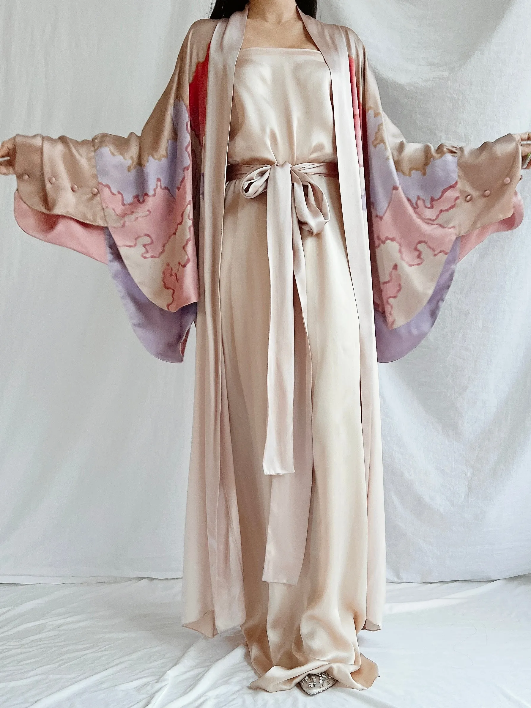 Vintage Silk Painted 2 Piece Gown Set - M/L