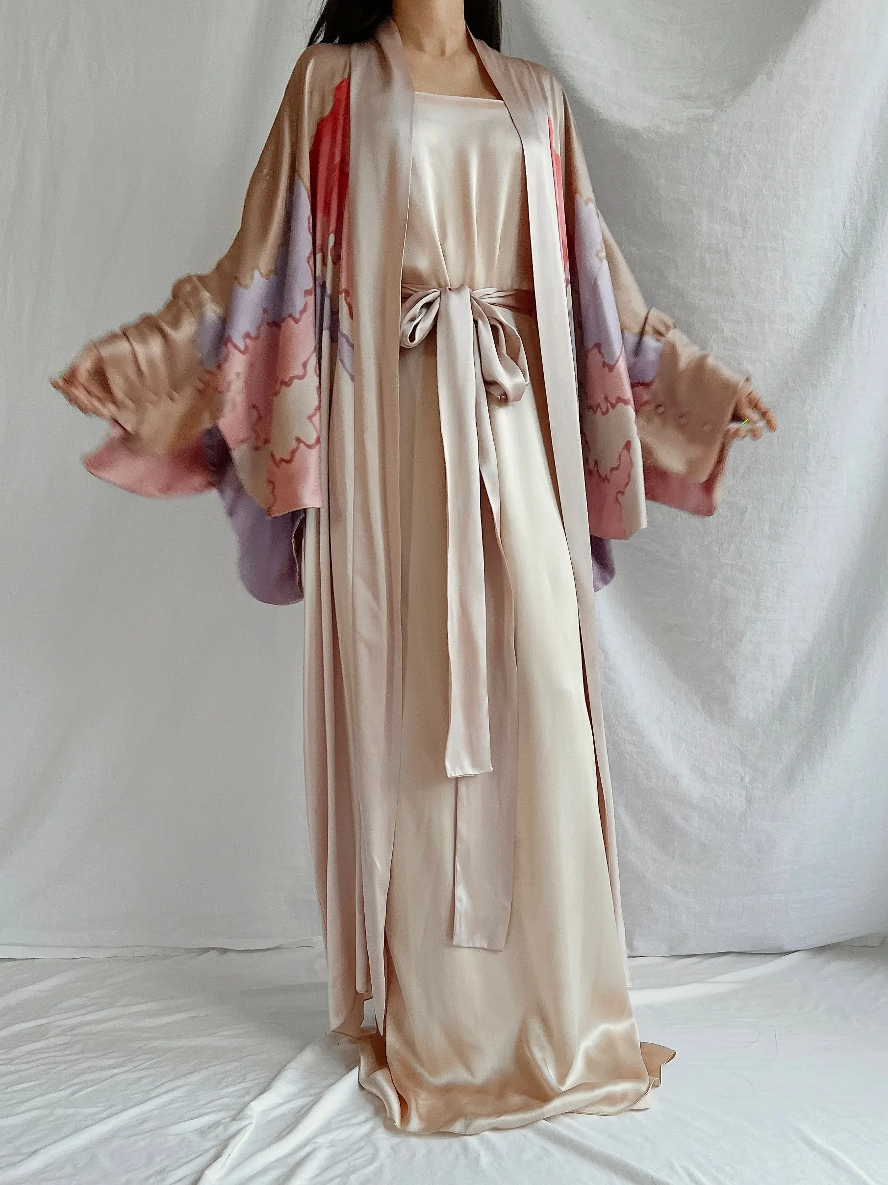 Vintage Silk Painted 2 Piece Gown Set - M/L