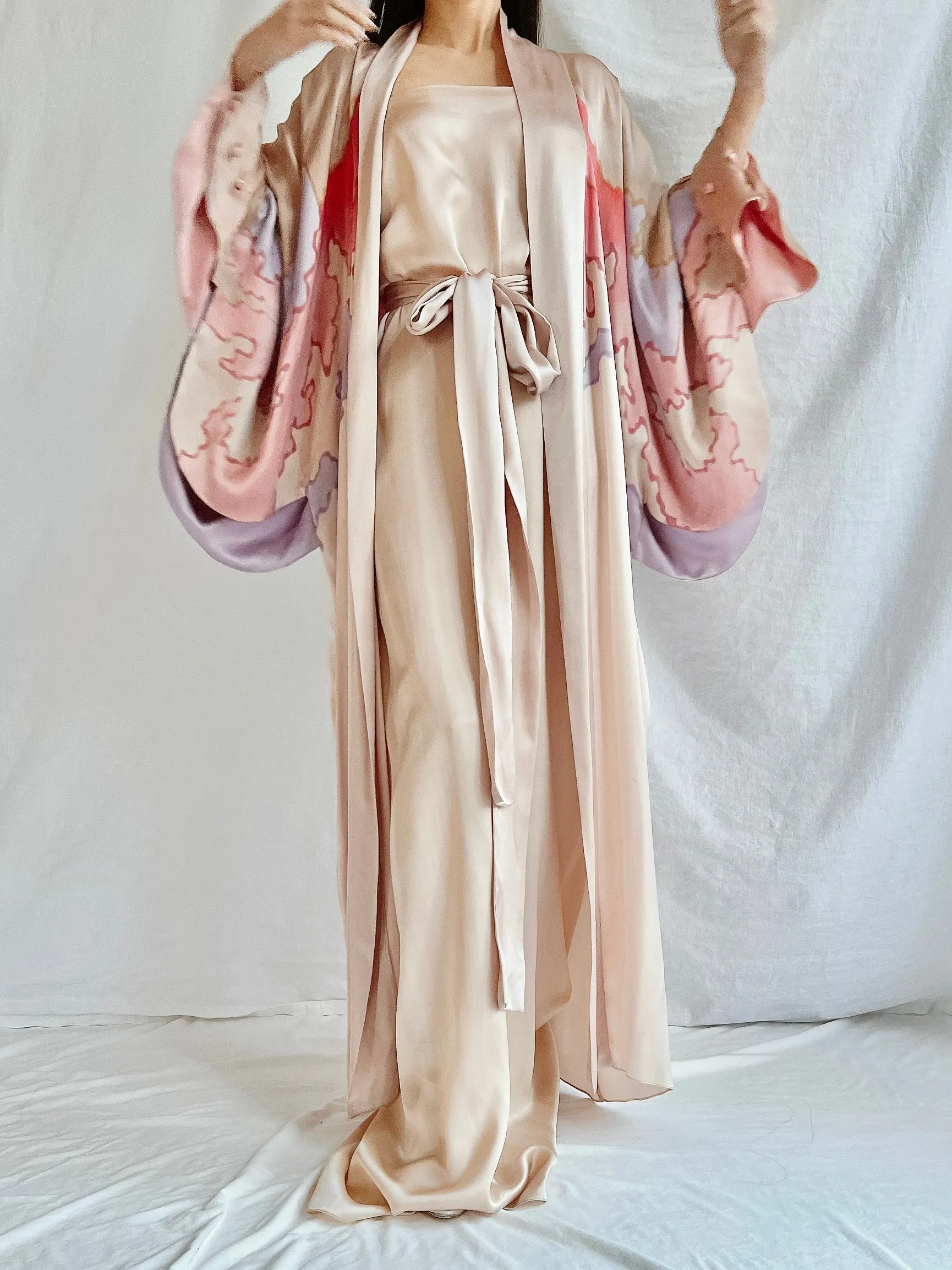 Vintage Silk Painted 2 Piece Gown Set - M/L