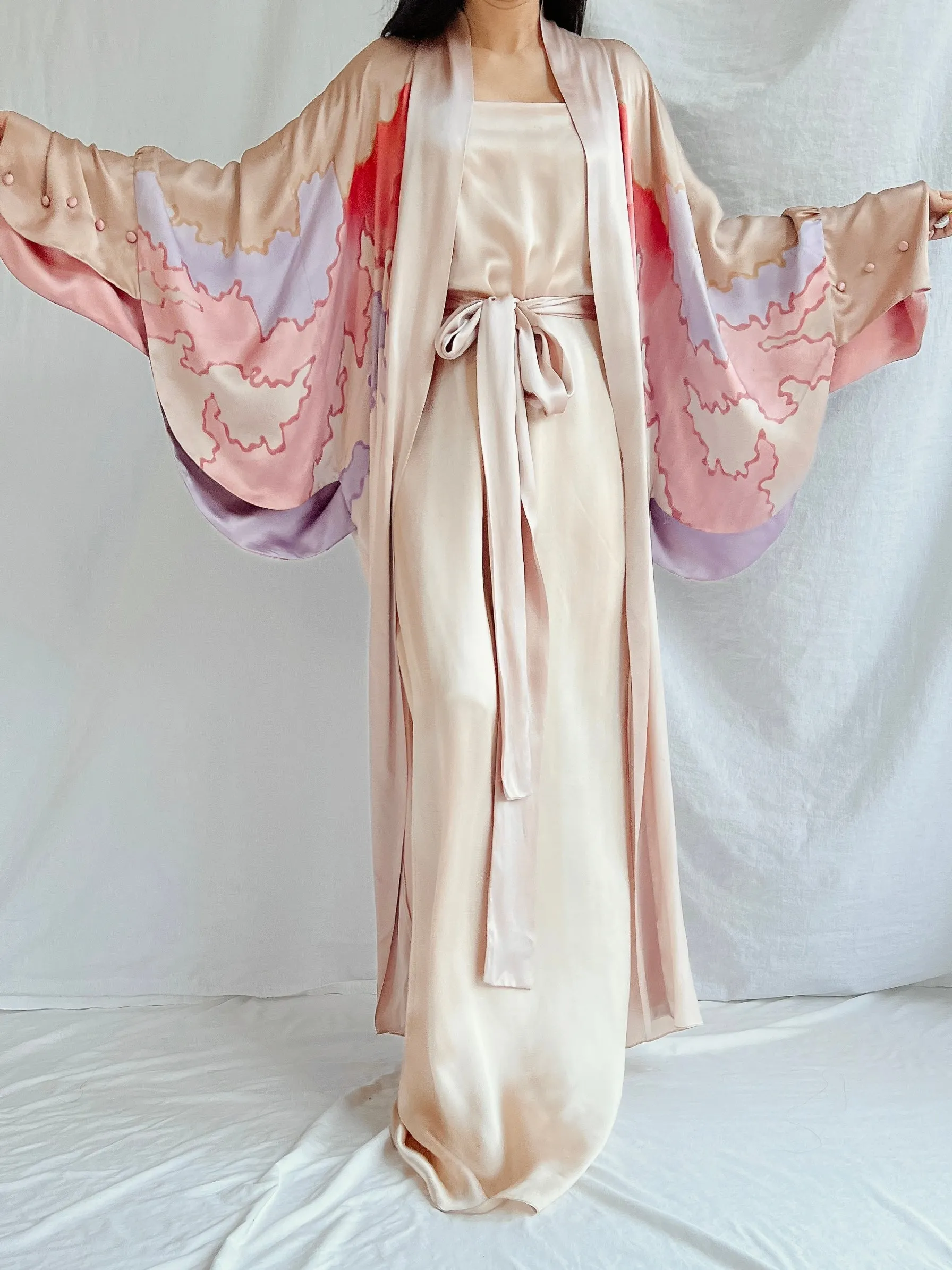 Vintage Silk Painted 2 Piece Gown Set - M/L
