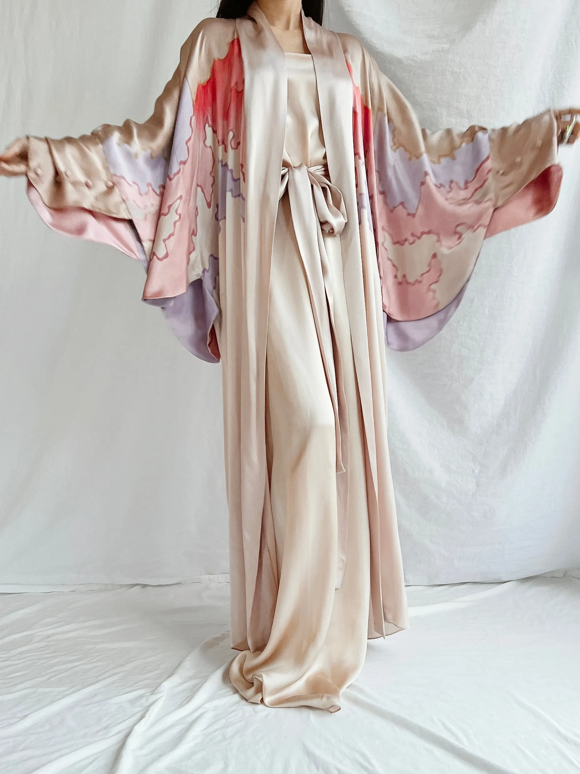 Vintage Silk Painted 2 Piece Gown Set - M/L