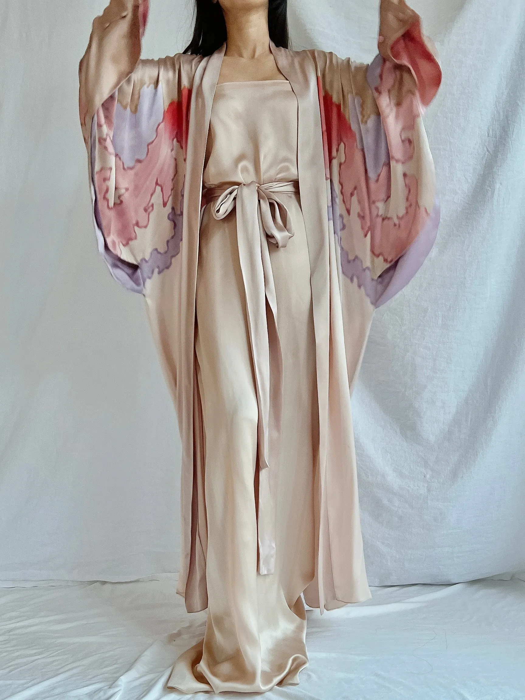 Vintage Silk Painted 2 Piece Gown Set - M/L