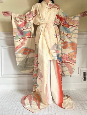Vintage Silk Pastel Gold Kimono - OSFM