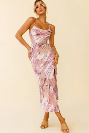 Well Versed Pleated Bust Front Split Dress Purple Multi