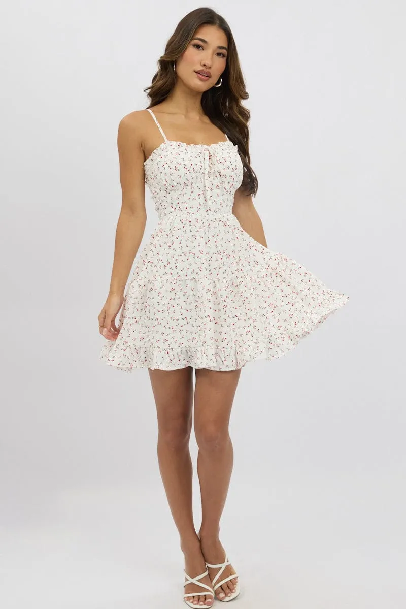 White Ditsy Fit And Flare Dress Strappy Mini