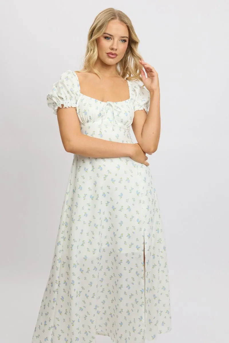 White Ditsy Midi Dress Puff Sleeve
