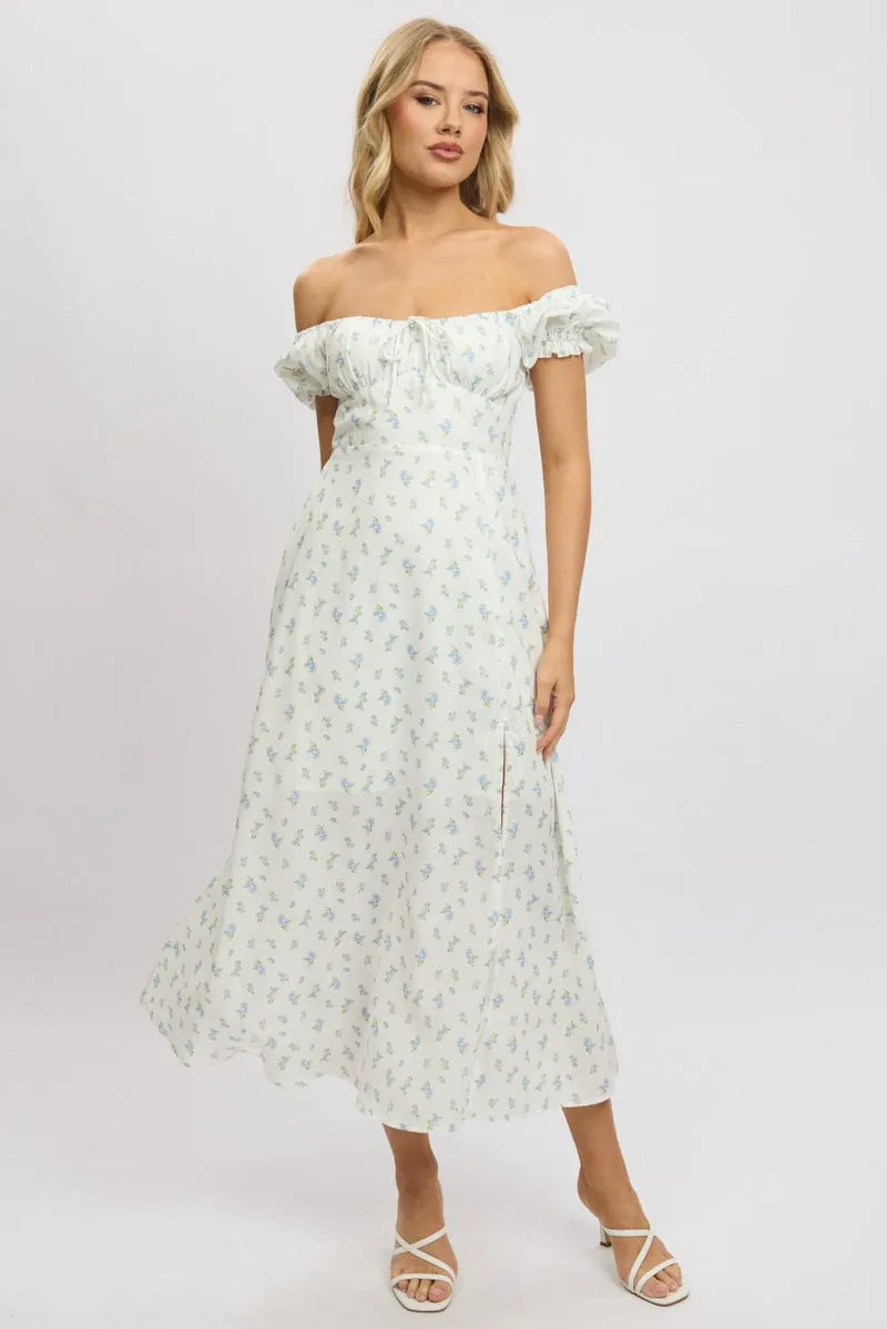 White Ditsy Midi Dress Puff Sleeve