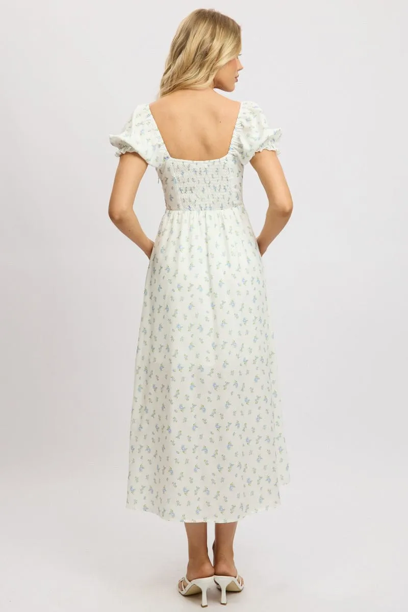 White Ditsy Midi Dress Puff Sleeve