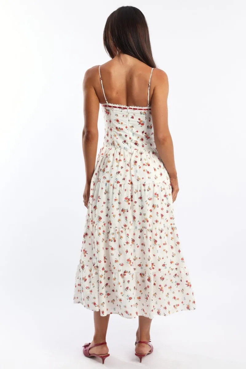 White Floral Maxi Dress Satin Tape Detail