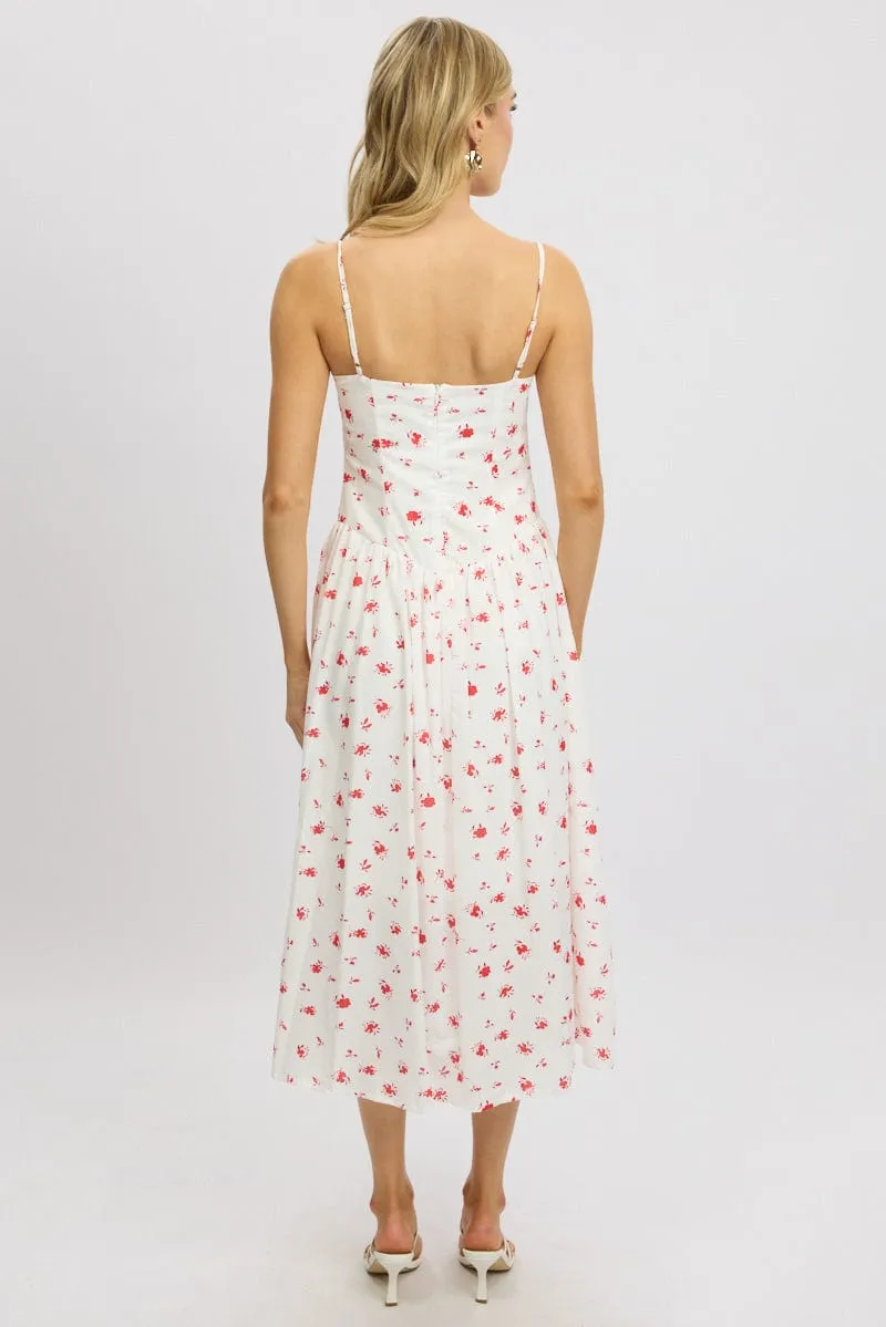 White Floral Midi Dress Corset Detail