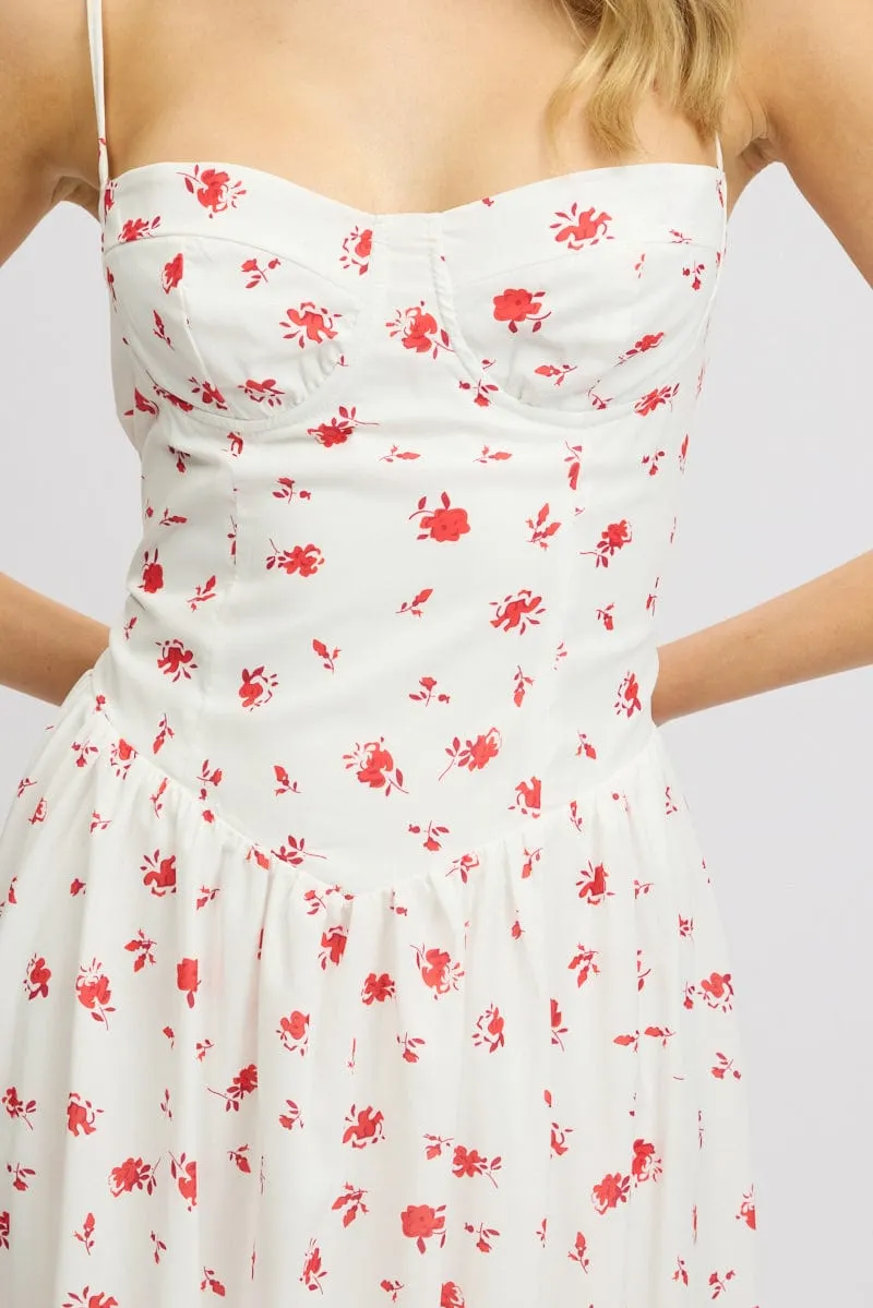 White Floral Midi Dress Corset Detail