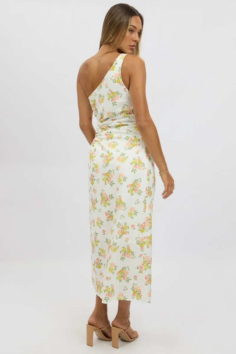 White Floral One Shoulder Midi Dress