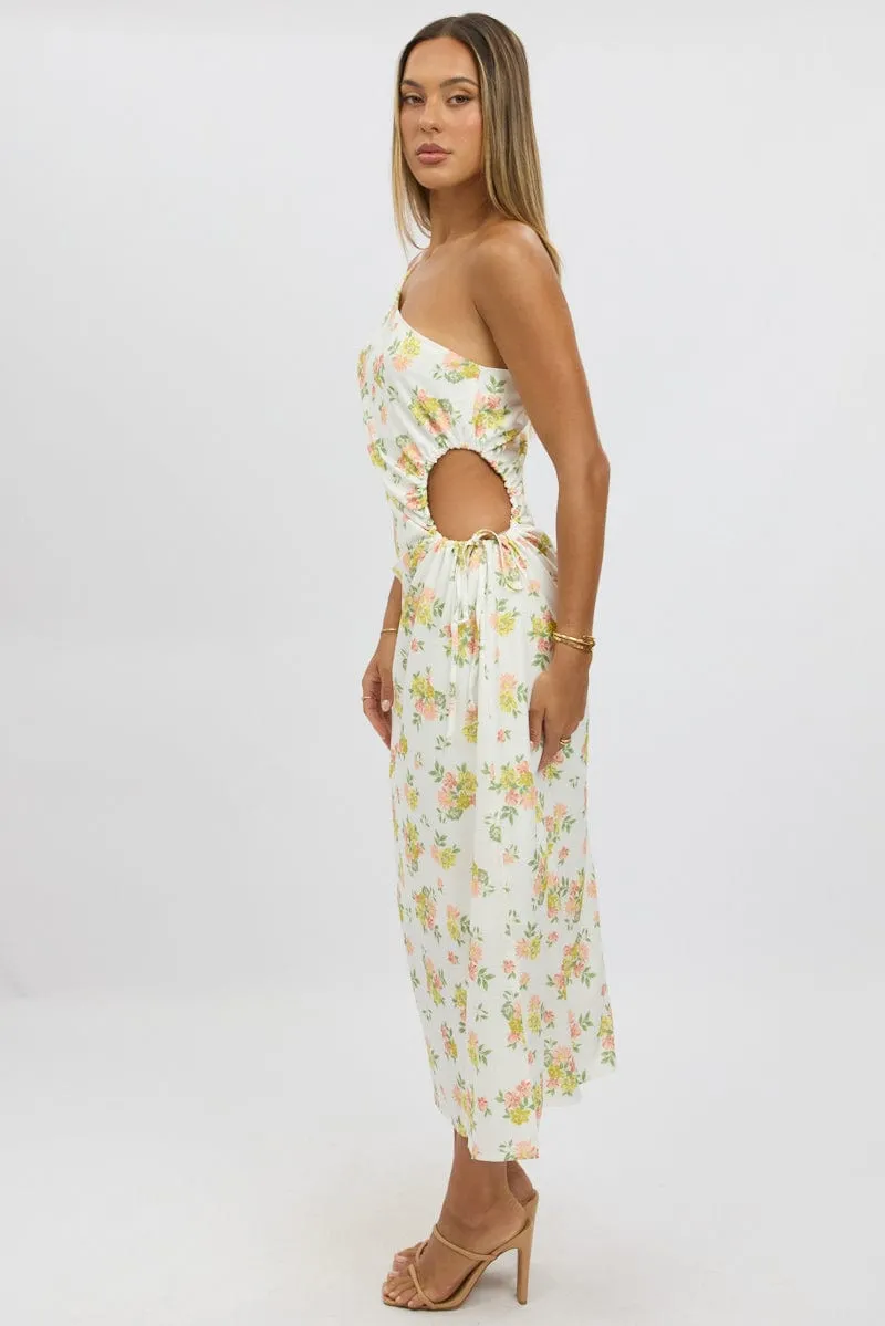 White Floral One Shoulder Midi Dress