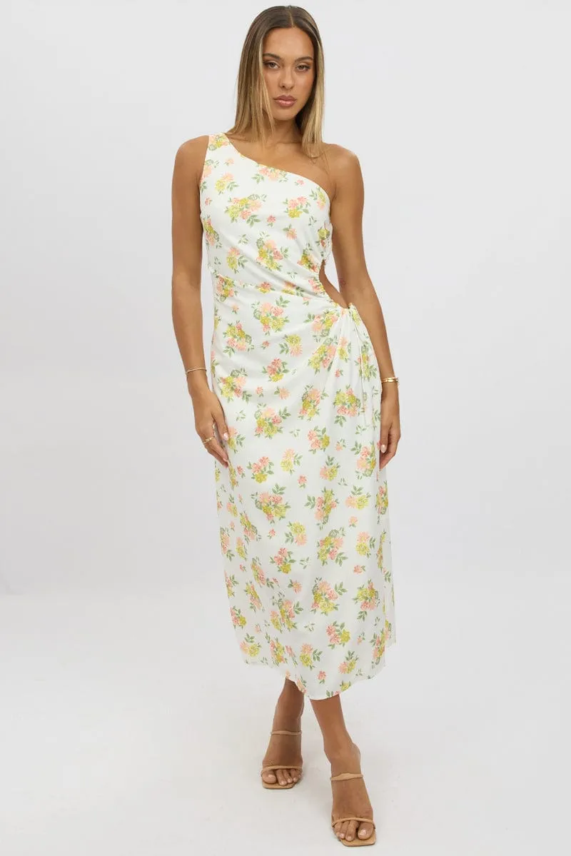 White Floral One Shoulder Midi Dress