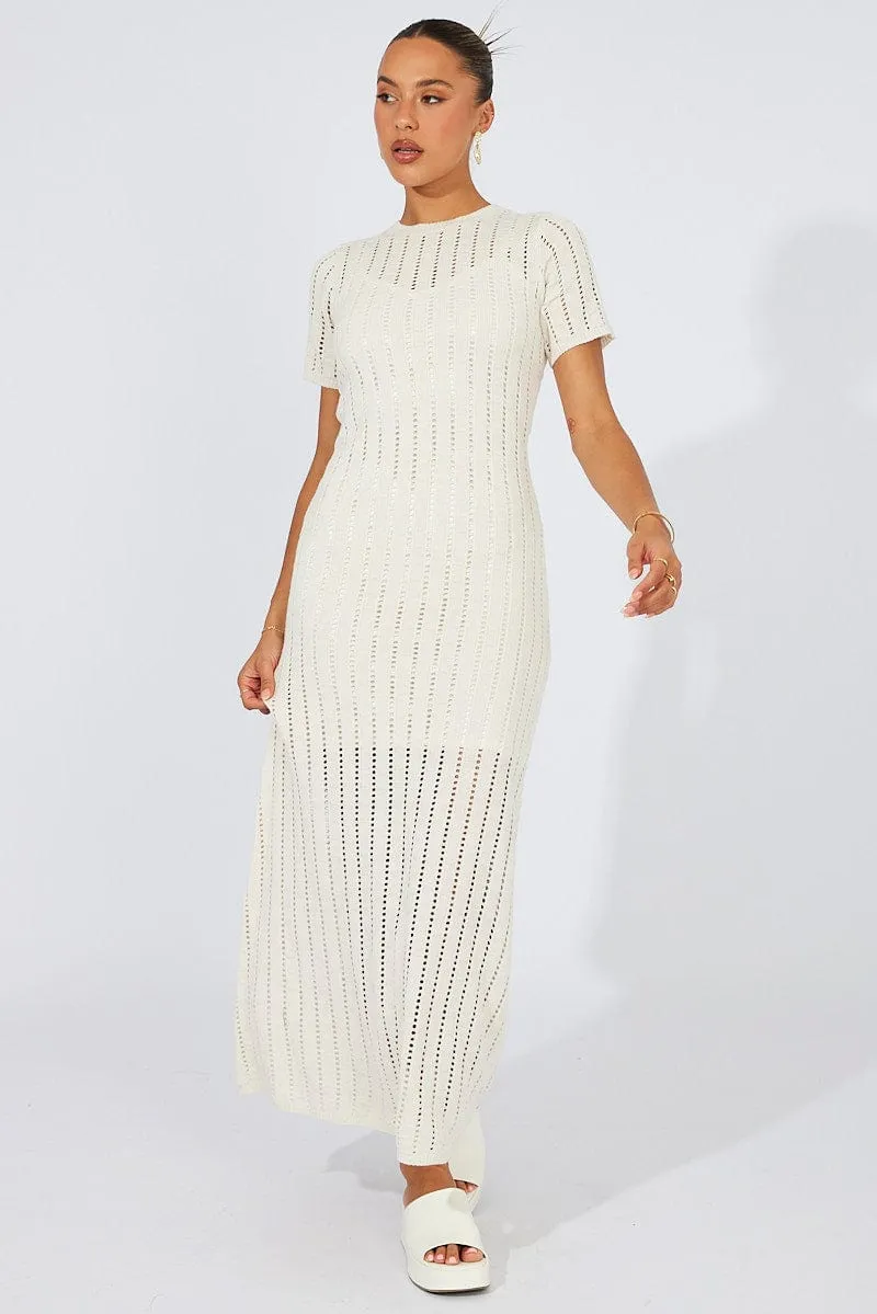 White Knit Maxi Dress Crochet Short Sleeve