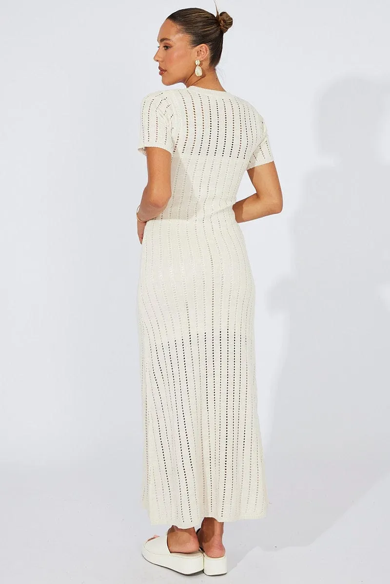 White Knit Maxi Dress Crochet Short Sleeve