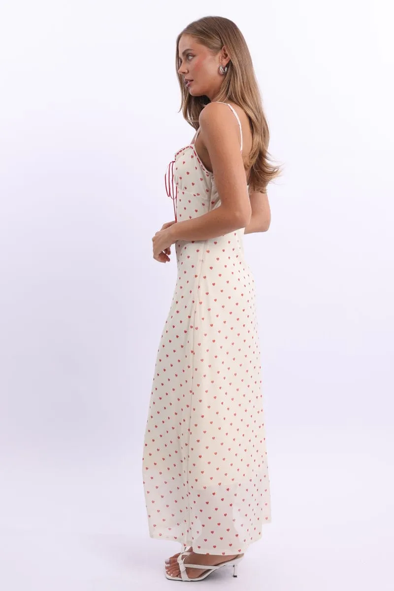 White Print Maxi Dress Lace Satin Tape
