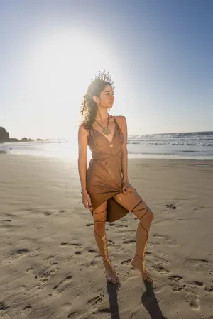 Wholesale - Suede Brown Braided Dress, Boho Dress, Cross Back Dress