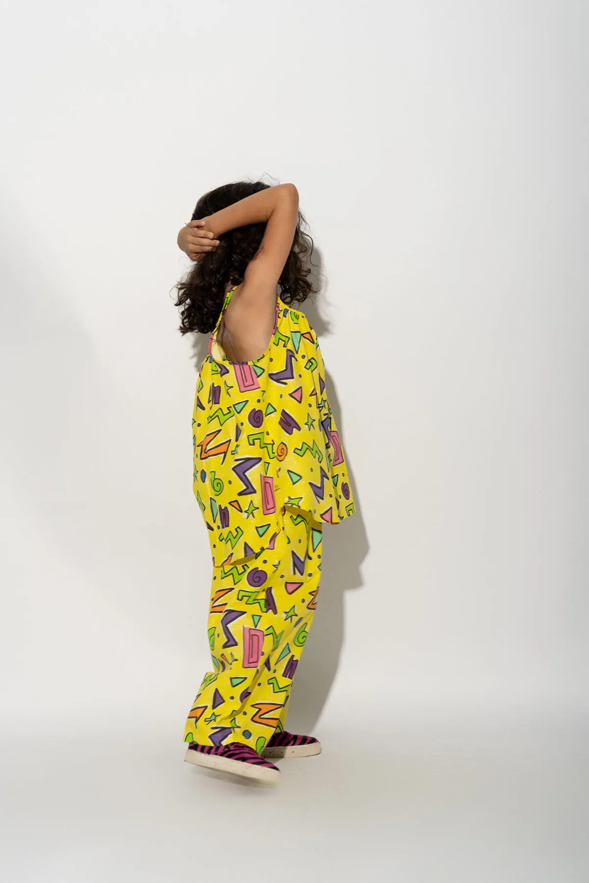 YELLOW SQUIGGLE PRINT OVERSIZED SLIP TOP