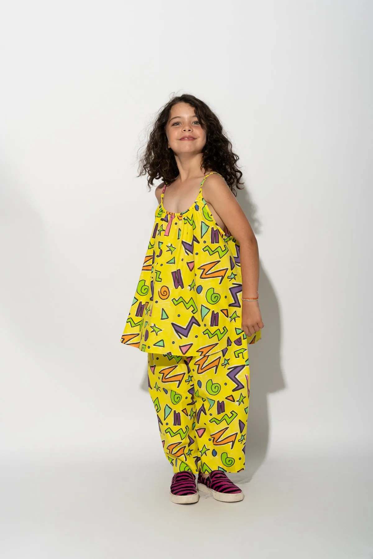 YELLOW SQUIGGLE PRINT OVERSIZED SLIP TOP